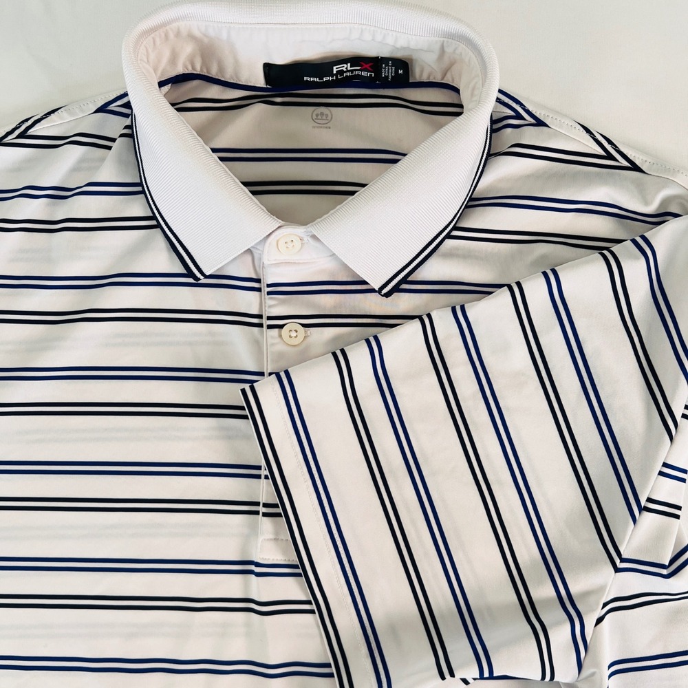 RLX Ralph Lauren Mens Golf Polo Shirt‎ White Navy Blue Striped Wicking Size M